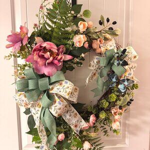 Crafted Everyday Wreath with Pink Peony Floral, Butterfly, Fern & Ribbon Door Wr